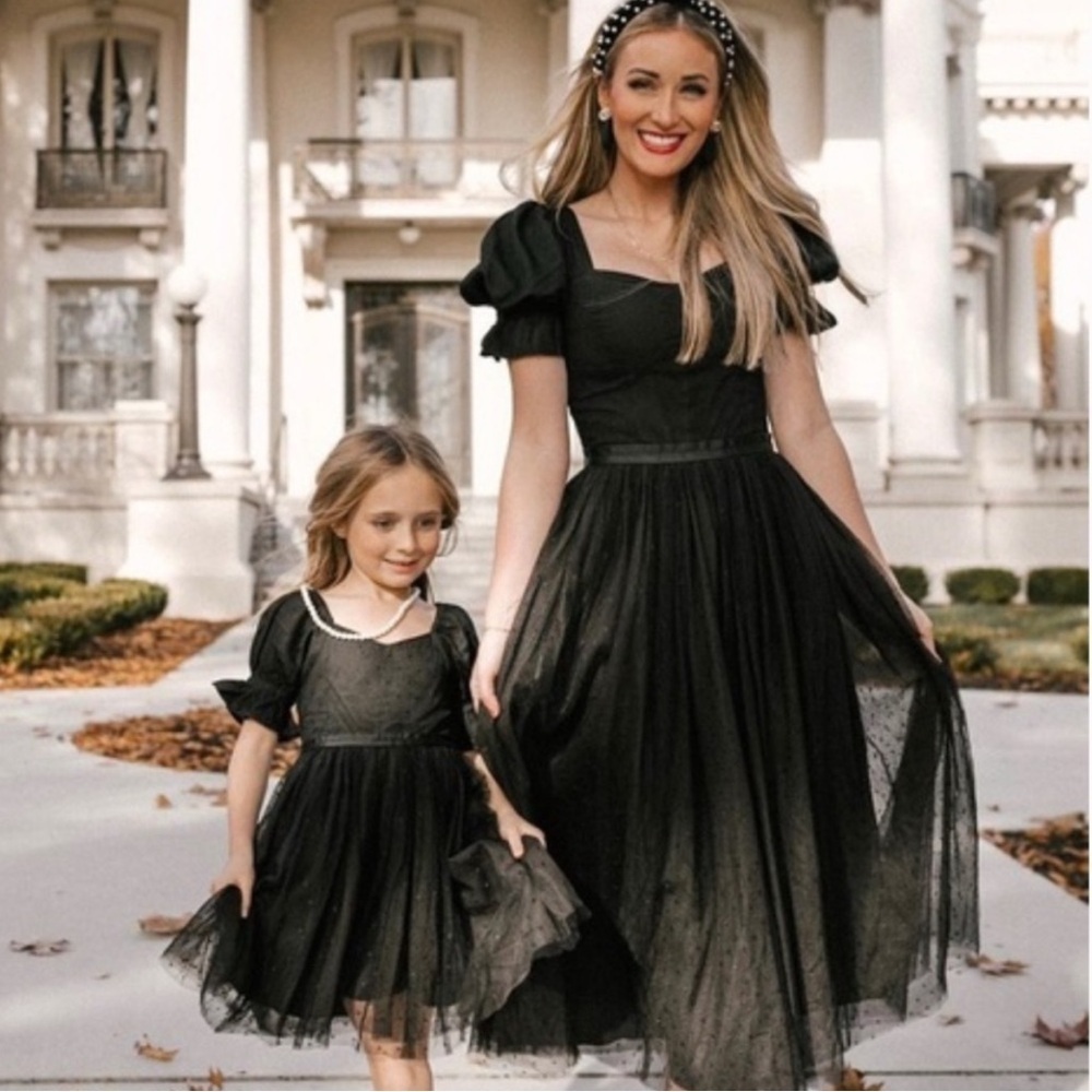 Ivy City Co Gala Black Midi Dress Tulle Puff Sleeve Swiss Polka Dot Size XXS